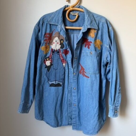 Vintage Denim Scarecrow Button Down Long Sleeve Top Women's Large - Picture 3 of 5